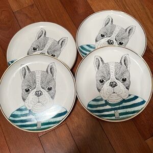 PIER 1 Book Club FRENCH BULLDOG Fine China Salad Plates Gold Trim Set/2